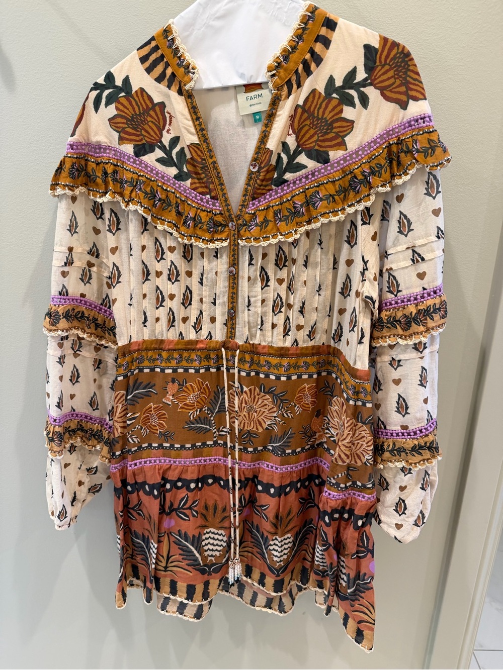 FARM Rio Mixed Floral Patchwork Tunic in Cream, Rust, Mustard & Purple - Picture 1 of 3